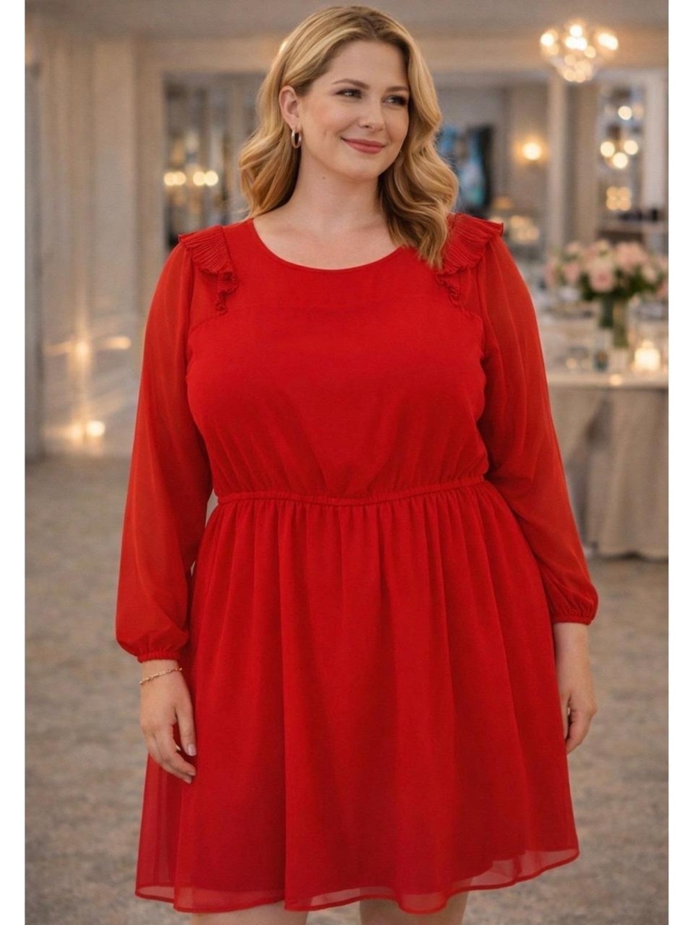 Gorgorous Forever 21 Plus Red Long-Sleeve Ruffle Detail Dress
